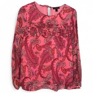 J.Crew Ruffle Front Pink Paisley Silk Chiffon Blouse 6